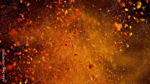 Fiery orange and red powder burst midair with glowing sparks and drifting fine dust particles ambers