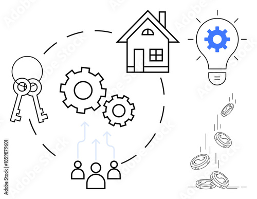 Real estate, finance management, business ideas, teamwork, property ownership, income strategies. A house, gears keys and coins highlight concepts of collaboration and property investment. Real