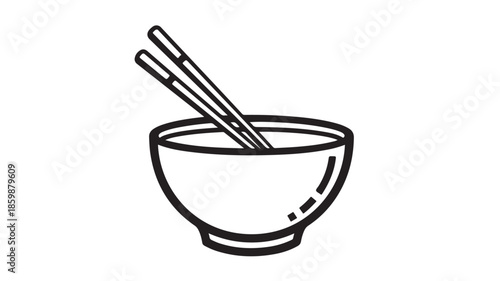 Bowl of Noodles with Chopsticks in Simple Line Art Style on White Background for Asian Cuisine Illustration