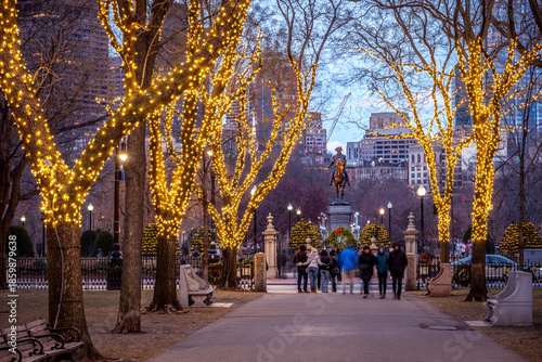 View of Boston in Massachusetts, USA at night with famous Christmas Lights at Commonwealth Avenue at night.