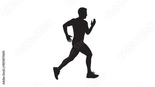 Silhouette of running man in dynamic pose with dramatic lighting on white background for fitness advertising