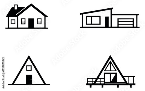 Simple line art house icons set featuring traditional, modern, and A-frame residential buildings for housing and real estate projects