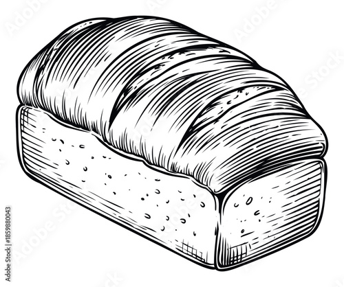 Classic black and white engraved loaf of bread perfect for vintage food packaging designs or traditional bakery menus and recipe book layouts