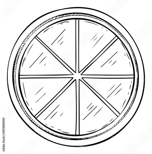 Stylized black and white drawing of a segmented circular window, perfect for architectural designs, graphic applications, and decorative visual projects requiring a classic structural