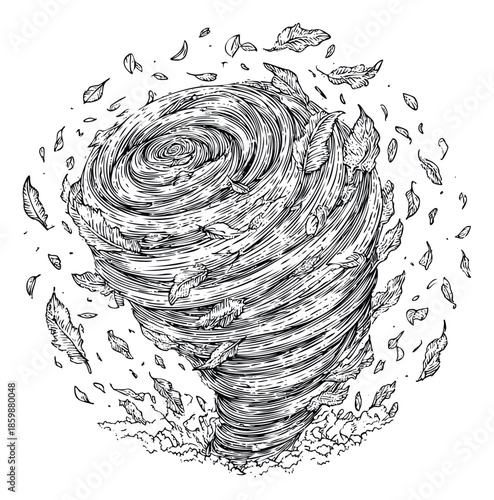 A powerful swirling wind vortex depicted with scattered autumn leaves creating a dynamic graphic for seasonal events, naturerelated projects, or energetic environmental themes