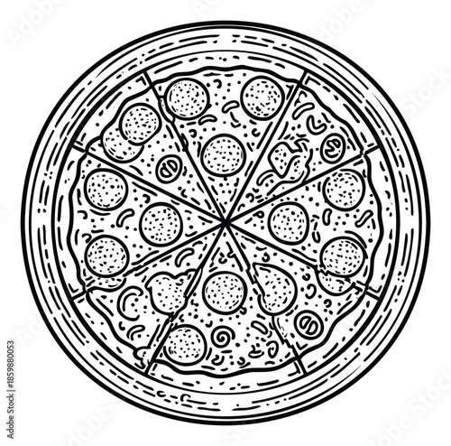 Bold linear artwork depicting a classic round pepperoni pizza divided into eight readytoeat slices on a serving platter, ideal for foodrelated projects, posters, and culinary promotions.
