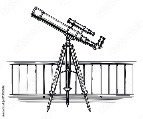 A detailed handdrawn sketch of a classic astronomical telescope set up on a sturdy tripod behind a balcony railing, perfect for educational materials or astronomythemed publications.