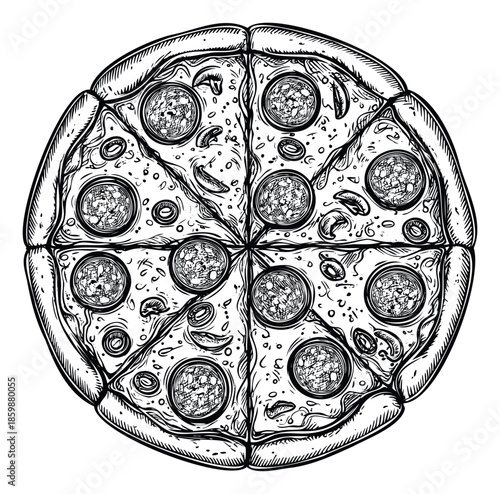Classic round pepperoni pizza with mushroom toppings sliced into eight portions presented in a traditional vintage woodcut style perfect for restaurant menus food packaging or culinary blog