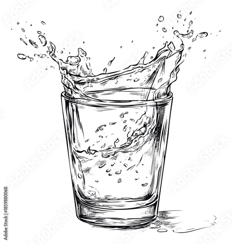 Dynamic hand drawn sketch featuring a refreshing water splash erupting from a clear drinking glass, perfectly suitable for showcasing invigorating beverages or purity concepts in various