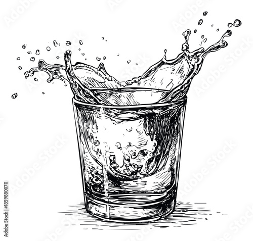 Dynamic splash of clear liquid inside a traditional glass tumbler, creating an exciting visual ideal for beverage packaging, restaurant marketing, or refreshing drink promotions.
