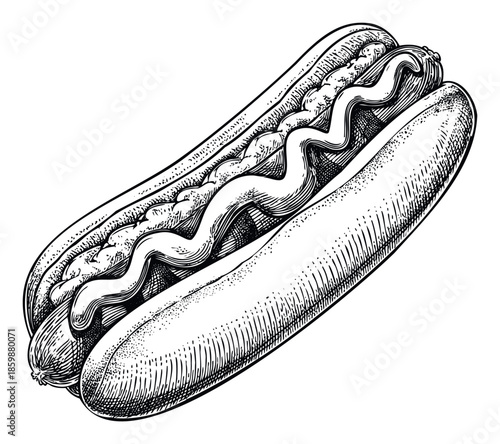 Classic hot dog with mustard in a detailed vintage engraving style perfect for restaurant menus food packaging and traditional American cuisine themes
