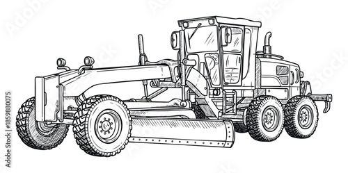 Powerful road grader vehicle performing earthmoving and construction tasks, ideal for heavy machinery catalogs, civil engineering projects, or industrial equipment manuals.