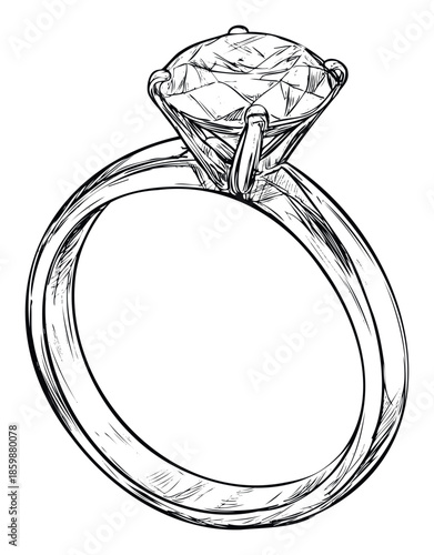Classic solitaire diamond engagement ring with a brilliant cut gemstone, elegantly handdrawn in a distinctive sketch style, perfect for luxury jewelry advertisements, wedding invitations,