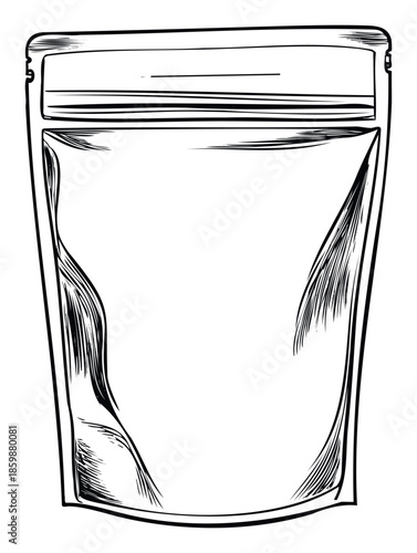 Hand drawn stand up pouch flexible packaging outline drawing perfect for product mockups, food branding, coffee bag designs, and snack packaging presentations