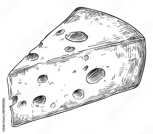 This handdrawn black and white sketch of a delicious wedge of holed cheese is perfect for menus, recipe books, food packaging, and grocery store advertisements needing a classic culinary