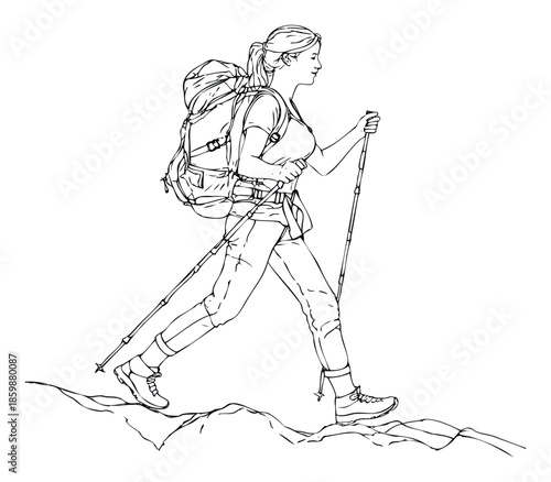 Energetic woman hiking and trekking with a large backpack and poles, perfect for outdoor adventure and travel promotions