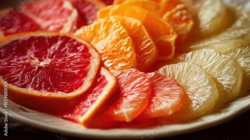 Slices of oranges lemons blood oranges and grapefruit are arranged on a white plate. The sunny afternoon light highlights their vibrant colors in a kitchen setting.