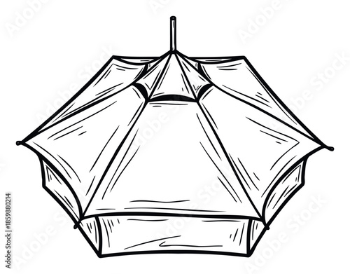 Simple black outline drawing of an open hexagonal tent canopy or sunshade umbrella, perfect for outdoor recreation themed graphics, camping icons, or summer vacation symbols