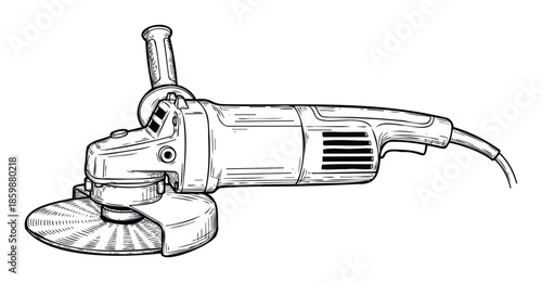 Classic black and white line drawing of an industrial angle grinder power tool, perfect for engineering diagrams, hardware store advertisements, or DIY project guides requiring a hand tool
