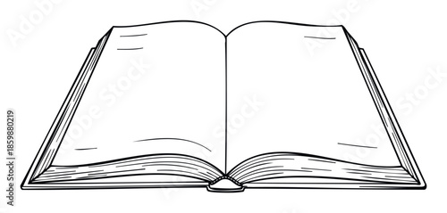 Simple black and white outline drawing of an open book displaying two blank pages, suitable for various educational resources, publishing themes, and conceptual designs.