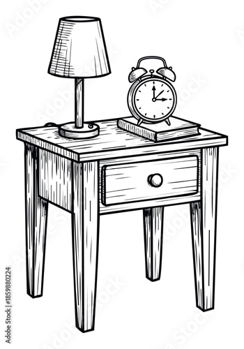 A hand drawn sketch of a nightstand with a lamp, an alarm clock, and a book, perfect for bedroom decor themes, morning routine concepts, or time management graphics