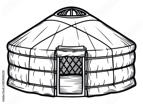 Traditional portable dwelling yurt outline useful for depicting nomadic culture travel and outdoor adventure concepts in various publishing and digital media projects