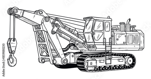 Detailed line drawing of a powerful crawler crane with a heavyduty hook, ideal for industrial construction projects and machinery operation schematics
