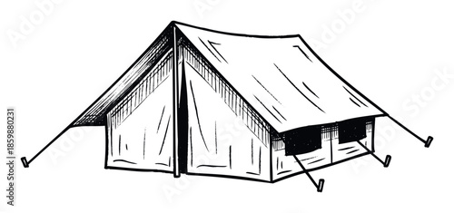 A rustic hand drawn camping tent with classic A frame structure for outdoor adventure travel and wilderness exploration and educational projects