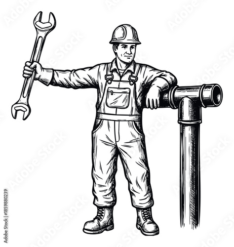 A skilled male tradesman wearing a hard hat and protective overalls, confidently holding a large adjustable wrench while leaning on a sturdy industrial pipe system, ideal for plumbing,