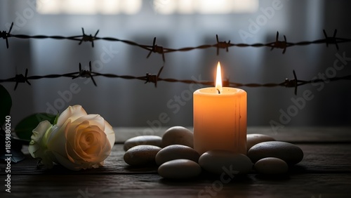 Candle with a white rose and barbed wires