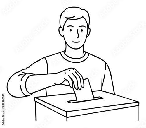 Asian man engaging in the democratic process by casting his vote into a ballot box, ideal for civic education materials, political campaign promotions, and election awareness publications