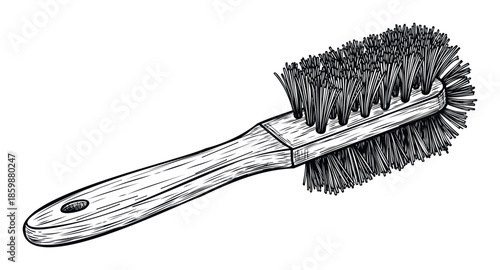 Handdrawn style illustration of a doublesided scrubbing brush with a wooden handle, ideal for household cleaning product packaging or DIY project tutorials