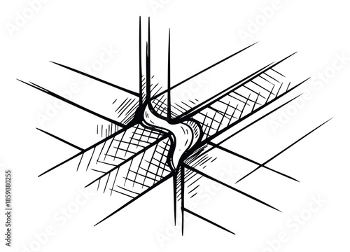 A dynamic abstract graphic featuring intersecting black lines and a central twisted form, suitable for modern visual projects, technology presentations, or corporate brand materials.