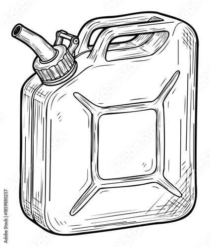 Classic portable metal fuel container, commonly known as a jerry can, presented in a monochrome line art style, suitable for automotive graphics, energy industry presentations, or emergency