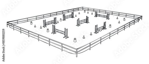 Horse riding arena layout with multiple training jumps and cones for equestrian sports practice and event planning materials