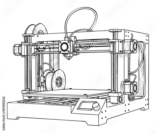 This detailed line drawing of a modern 3D printer showcases advanced additive manufacturing technology, perfect for industrial publications, educational content, or innovative product