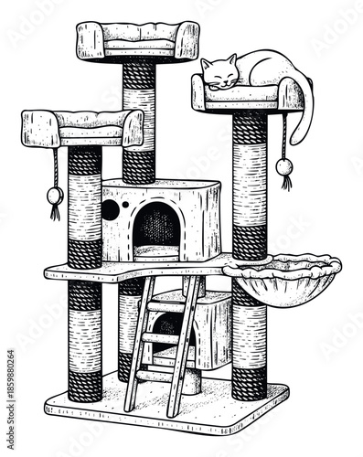 Detailed scratching post furniture provides multiple levels for climbing and resting with a sleeping cat perfect for pet store promotions or home decor projects