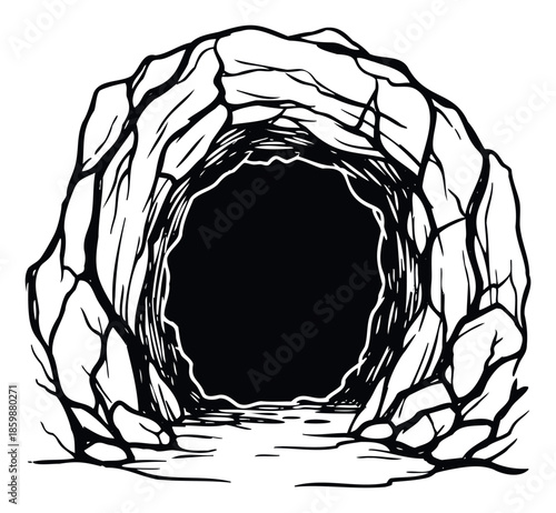 Dark cave entrance carved into rugged rocks offering a mysterious path to an underground world, perfect for adventure game backgrounds or fantasy storybook pages.