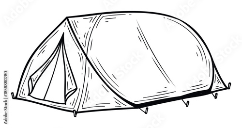 Monochrome hand drawn outline of a sturdy camping tent, perfect for outdoor adventure guides, travel agency promotions, and wilderness survival informational materials.
