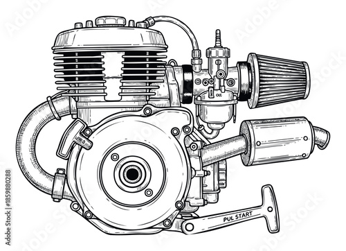 Detailed line drawing of a small internal combustion engine with a pull start mechanism and carburetor, perfect for technical diagrams, automotive repair guides, or power equipment