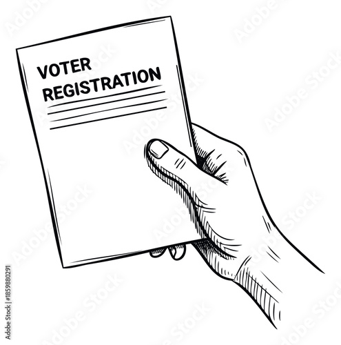 Hand holding a voter registration form for elections or democratic processes, ideal for political campaigns, educational materials, and civic engagement outreach
