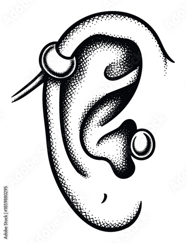 Striking black and white ear with multiple piercings rendered in a classic stipple dot and crosshatch graphic style suitable for alternative fashion and body modification promotional