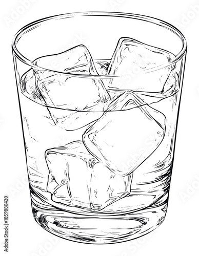 A handdrawn sketch of a refreshing cold beverage with ice cubes in a clear drinking glass, perfect for menu designs, bar promotions, and lifestyle content.