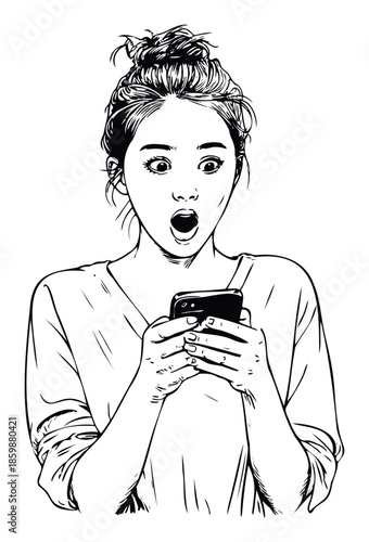 Young Asian woman with a messy bun looking astonished at her smartphone, expressing surprise or shock at information on her mobile device, suitable for reaction and communication themes.