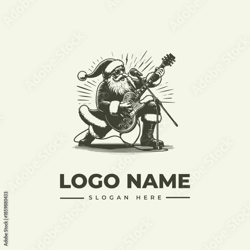 A black and white illustration of Santa Claus playing a guitar with a dynamic line effect, set against a clean background with a logo and slogan text.