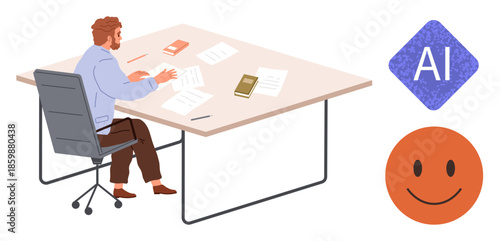 Man seated at office desk, engaged with papers and books, next to AI and happy face icons. Ideal for work, technology integration, productivity, AI, research, creativity simple flat metaphor