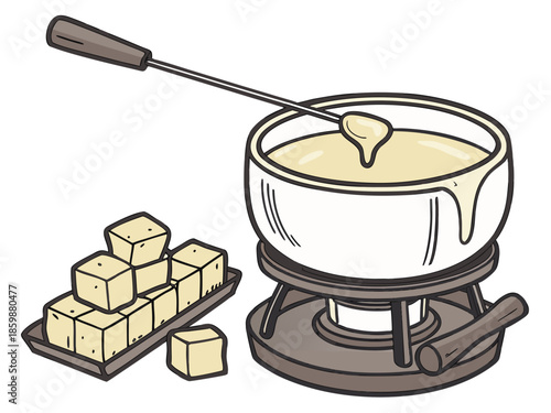 realistic luxury flat illustration of Swiss cheese fondue, creamy melted cheese with smooth surface, fondue pot and bread cubes rendered in refined flat realism, elegant color palette