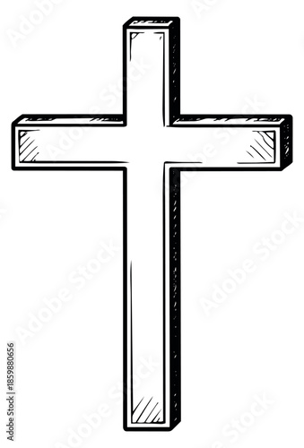 Hand drawn line art illustration of a christian cross depicting a symbol of faith for religious holidays