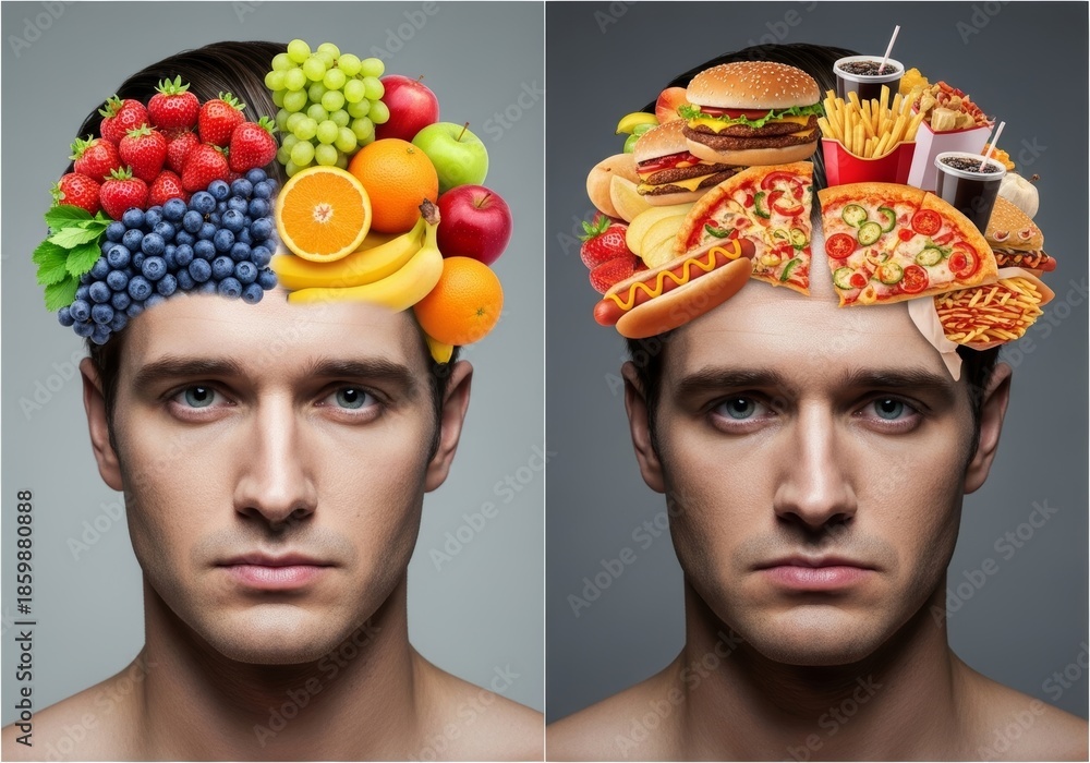 Obraz premium Comparison of how healthy diet vs junk food affects mental health. Man with fruits vs fast food in his head, showing the link between nutrition, mood, and brain function. Wellness concept.