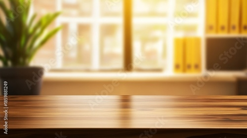 Inviting wooden table interior scene with lush green plant backdrop and soft natural light.